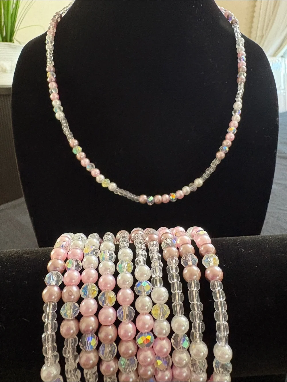 Pink Pearl & Crystal Beaded Bracelet Set